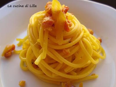 Primi: Spaghetti zafferano, pancetta e cipolla
