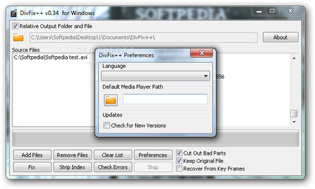 DivFix++ screenshot 2 - The Preferences window of DivFix++ enables you to select the language and the Default Media Player Path.