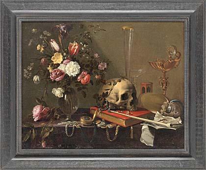 An image of a classic oil painting of skulls and flowers within a thick black square frame