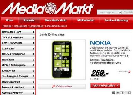 Nokia Lumia 620 pre ordine prezzo 269 con consegna a febbraio 2013