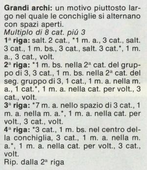 Punti all'uncinetto: punto festone; punto conchiglie semplici; punto festoni traforati; punto grandi archi; punto arcate.