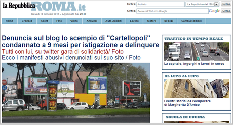 L'ASSURDA VICENDA CARTELLOPOLI SULLE PRIME PAGINE DI REPUBBLICA ROMA: ATTESTATI DI STIMA E SOLIDARIETA' A UNO DEI MIGLIORI URBAN BLOG DI ROMA!