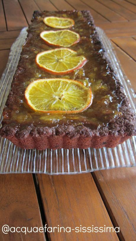 crostata al cacao con frolla all'olio alla nocciola e marmellata di arancia