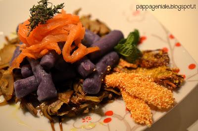 Pastelli di patate viola, carciofi e salmone