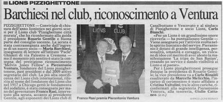 Pierantonio Ventura, già siindaco di Pizzighettone, premiato dai Lions. L'articolo è tratto dal giornale La Provincia di Cremona