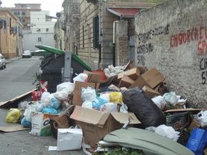 In via Verdirame a Sbarre gli abitanti “sbagliano mira”, cassonetti vuoti e spazzatura per strada |