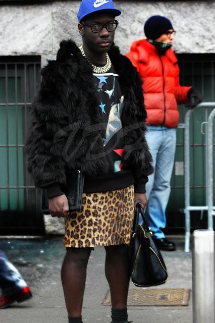 Milano Fashion Week Men 2013  Street style : Animalier skirt