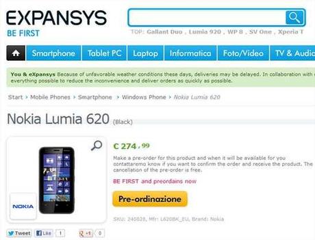 Nokia Lumia 620 Il più economico telefono WP8 su Expansys Italia