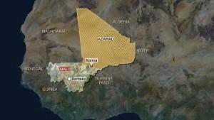 Posizione della città di Konna, tra il Mali e l'Azawad