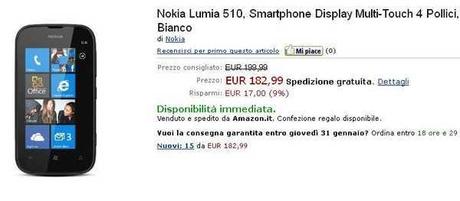 Sottocosto Nokia Lumia 510 su Amazon.it al prezzo 182,99 €