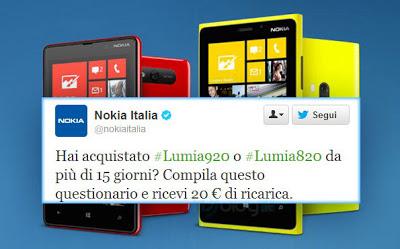 Compila un questionario Nokia e ricarichi il tuo Lumia 920/820
