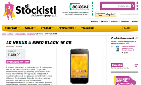LG Nexus 4 E960 disponibile a 489 euro da Glistockisti.it