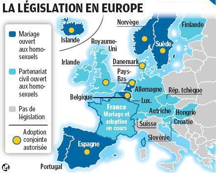 In blu i paesi in cui il matrimanio aperto agli omosessuali; in celeste i paesi che prevedono pacs, o altre forme di riconoscimento; in grigio i paesi che non hnno una legislazione a riguardo. I pallini gialli indicano i paesi in cui l'adozione è aperta a coppie omosessuali.