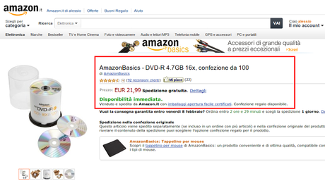 Amazon Basics: 100 DVD-R 4.7GB 16x a 21,99 euro