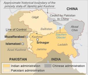 India-Pakistan: la partita sul Kashmir nel gioco dell’Asia Centrale Mappa del Kashmir, pre e post 1947. Fonte: BBC
