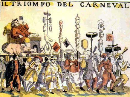 Carnevale: tra tradizioni popolari e gastronomia Il Trionfo del Carnevale in una antica stampa