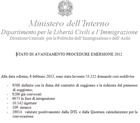 Rapporto avanzamento emersione, sanatoria o regolarizzazione 2012  del 7 febbraio 2013