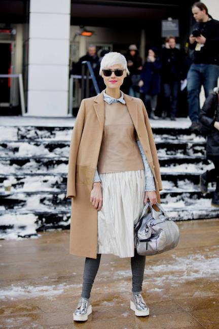 camel coat and tulle skirt