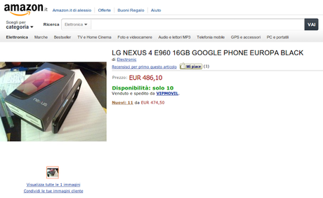 Offertona LG Nexus 4 su Amazon Italia: disponibile a 486 euro
