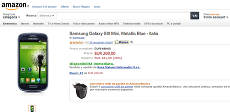 Offerta Samsung Galaxy S3 Mini su Amazon in promozione a 268 euro