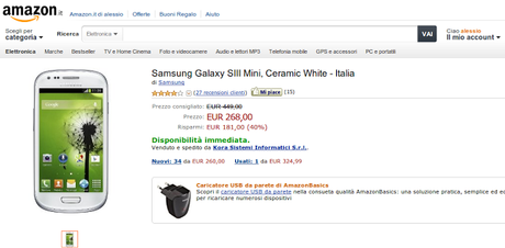 Offerta Samsung Galaxy S3 Mini su Amazon in promozione a 268 euro