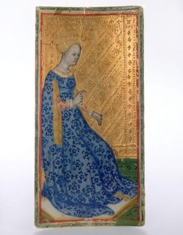 Pinacoteca di Brera, Bonifacio Bembo, Tarocchi Brambilla, Regina di lance, 1442-1444 circa, Miniatura su cartoncino; 17,8x8,9 cm, Milano