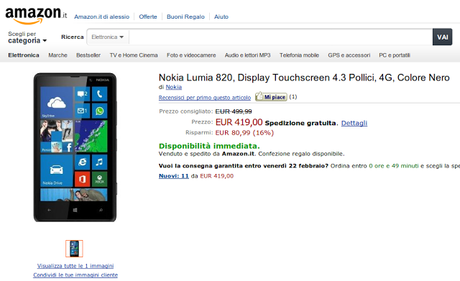 Nokia Lumia 820 in offerta su Amazon