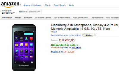 Blackberry Z10 arriva su Amazon Italia a 635 euro