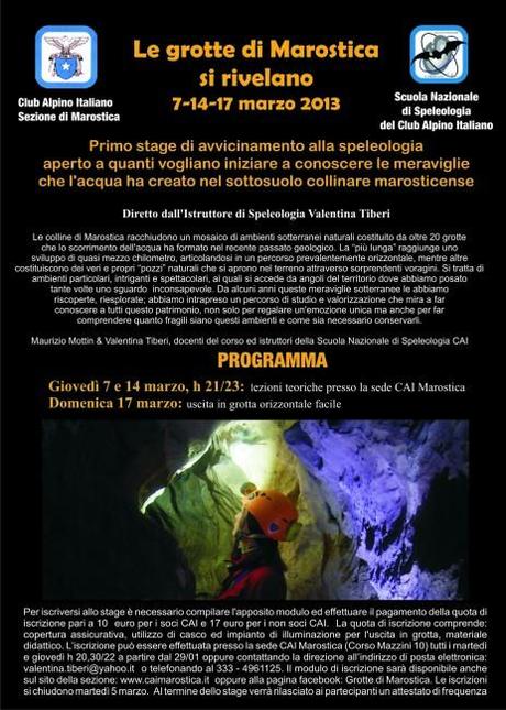 Ultimi giorni per iscriversi allo stage di avvicinamento alla speleologia: “le grotte di Marostica si rivelano” 7, 14, 17 marzo 2013