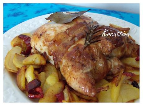 Pollo ripieno allo zenzero con patate al forno con peperoni