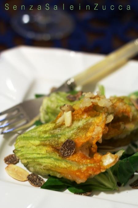 Fiori di zucchina fritti farciti con filetti di rombo al tartufo nero