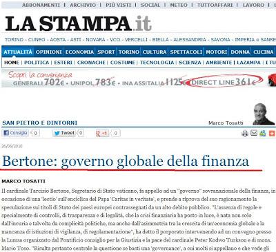 Bertone, l'amico di Grillo, vuole un Governo Globale della finanza