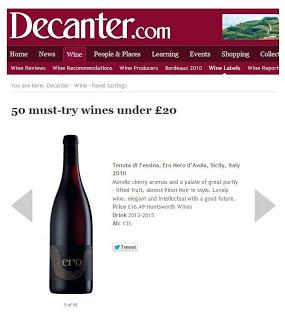 ERO 2010, Nero d’Avola in purezza di Tenuta di Fessina, tra i 50 vini sotto £ 20 assolutamente da provare di DECANTER