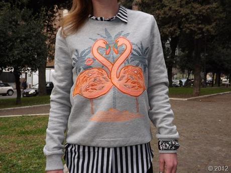 hm trend flamingo sweatershirt, stripes shirt, camicia righe, felpa fenicotteri hm