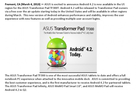  Asus Transformer Pad Android Jelly Bean 4.2 MR2