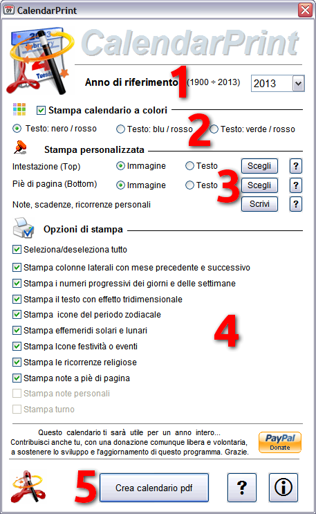 Schermata principale di CalendarPrint 2013