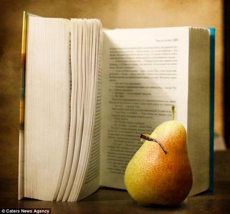 Clever pear: The fruit wears glasses as it reads through the oversized book 