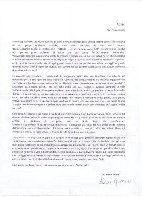 Lettera aperta di ringraziamento del Signor Giovanni Leone al Comandante della Brigata Pinerolo il Generale Carlo Lamanna.