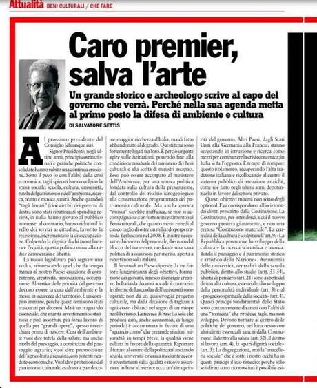 Caro pre­mier, salva l’arte . Di Sal­va­tore Set­tis — l’Espresso, 25.01.2013