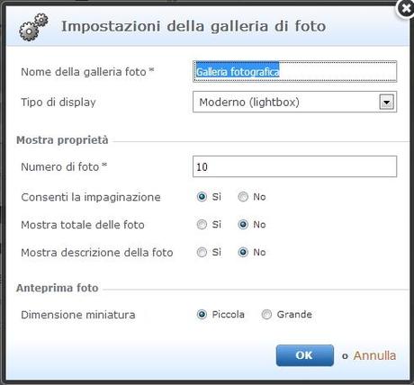 Impostazioni della galleria fotografica all'interno dell'editor