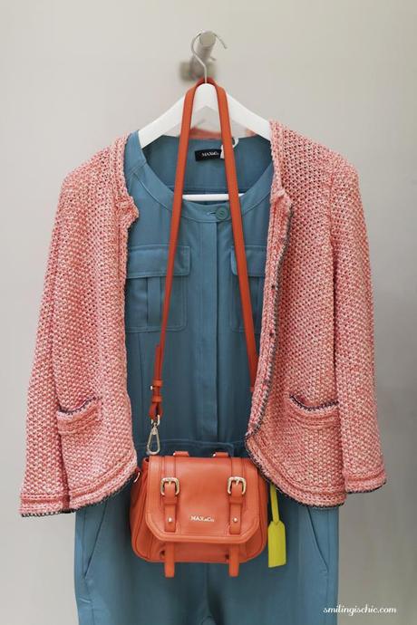Smilingischic, fashion blog, collezione primavera estate 2013 Max & Co, negozio Lucca , Boxy jacket in cotone tricot, tuta di Lyocell fluido, mini satchel in pelle arancio, 