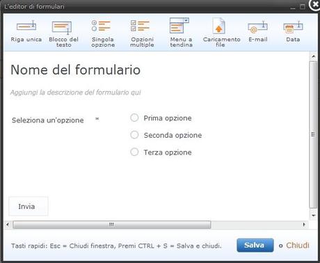 E' facile creare un nuovo formulario. Basta trascinare un tipo del campo al posto desiderato e inserire le tue domande.