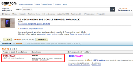 LG Nexus 4 nuovo in offerta a 340 euro su Amazon Italia