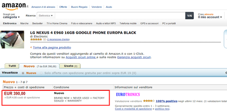 LG Nexus 4 nuovo in offerta a 340 euro su Amazon Italia