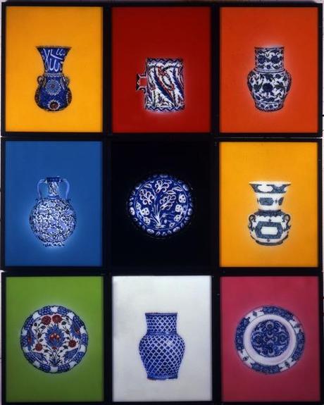 Aldo Mondino, Iznik (9 pezzi), 2000, olio su vetro, 9 pz. cm 50x40x6 cad.