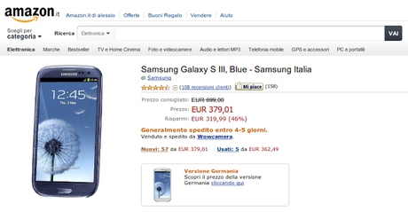 Samsung Galaxy S III a 379 euro su Amazon Italia