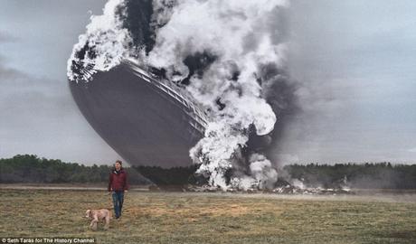 Ghosts of the past: This image combines a view of a field in Lakehurst, New Jersey, where the Hindenburg airship came crashing catastrophically to the ground in 1937