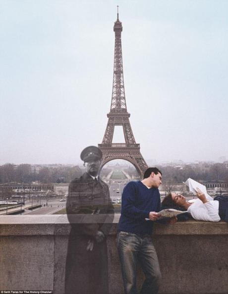 Creepy: This combination of pictures makes viewers wonder how many people have stood before the Eiffel Tower unaware that Adolf Hitler once stood victorious in the same spot