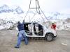 Ponte di Legno (Brescia) 04/04/2013. Fiat Panda trasportata in elicottero sul ghiacciaio della Presena a quota 3000 mt, in occasione dell'esibizione di scherma 