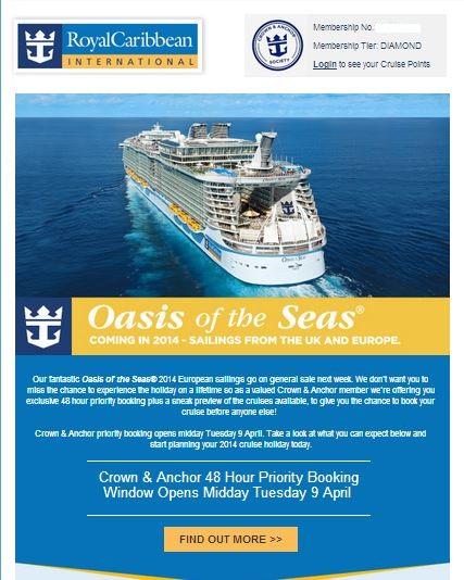 OASIS OF THE SEAS: PER I MEMBRI CROWN & ANCHOR PRENOTAZIONE A PARTIRE DAL 9 APRILE